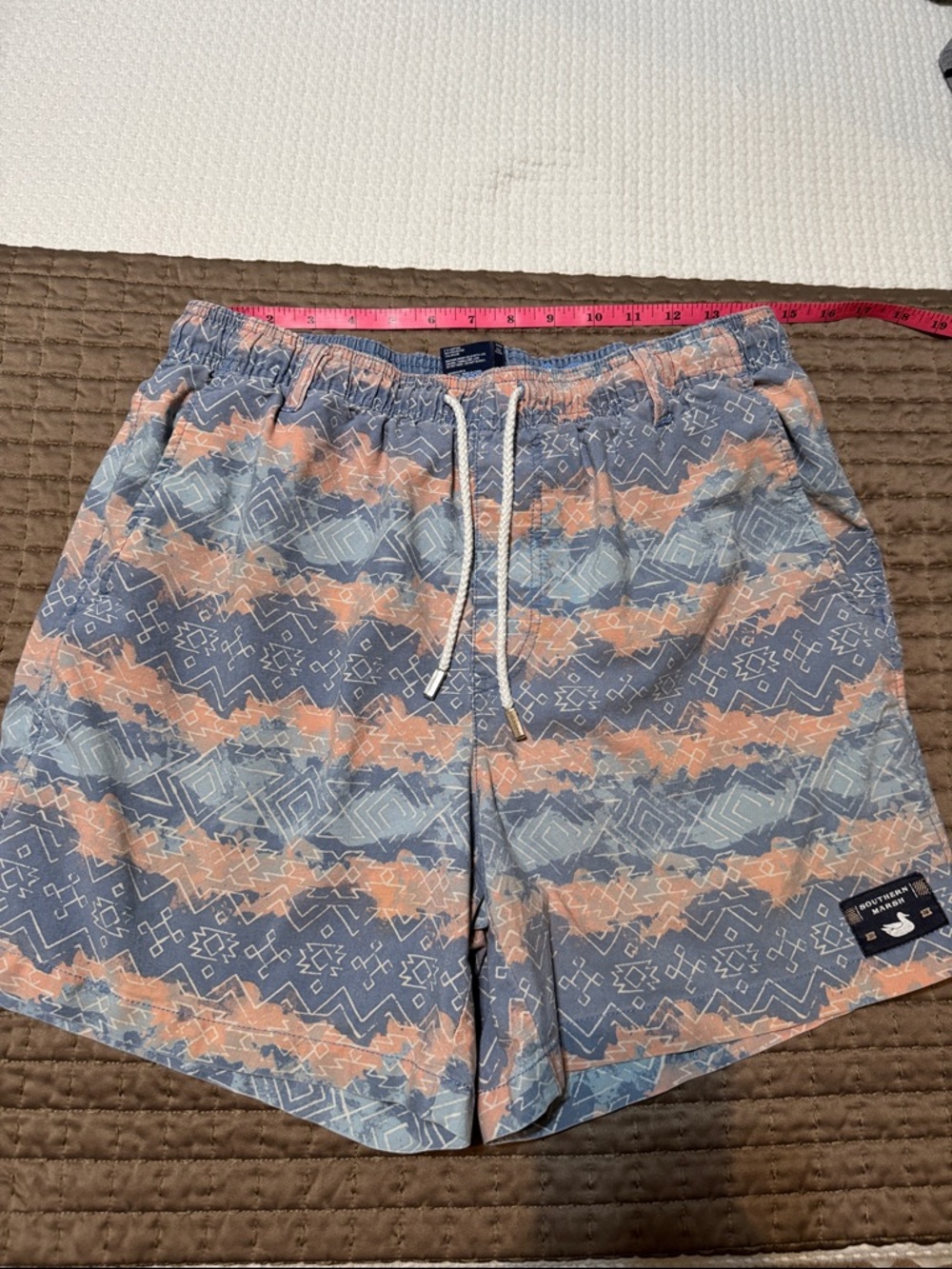 Southern Marsh Men's Aztec-Pattern Athletic Shorts in Blue & Peach